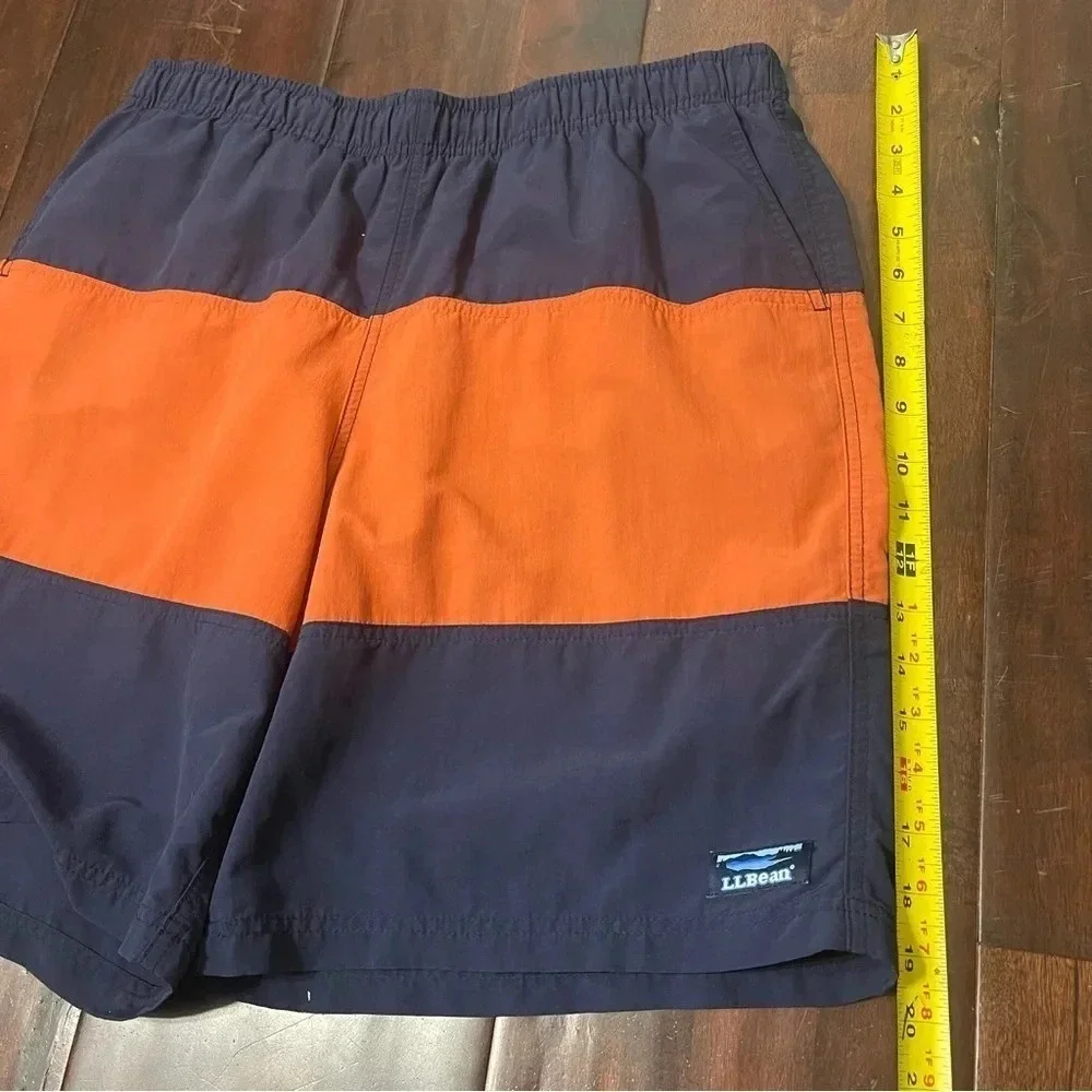 LL Bean Swimming Trunks Navy And Orange Striped Men’s Size Large Pockets Lined